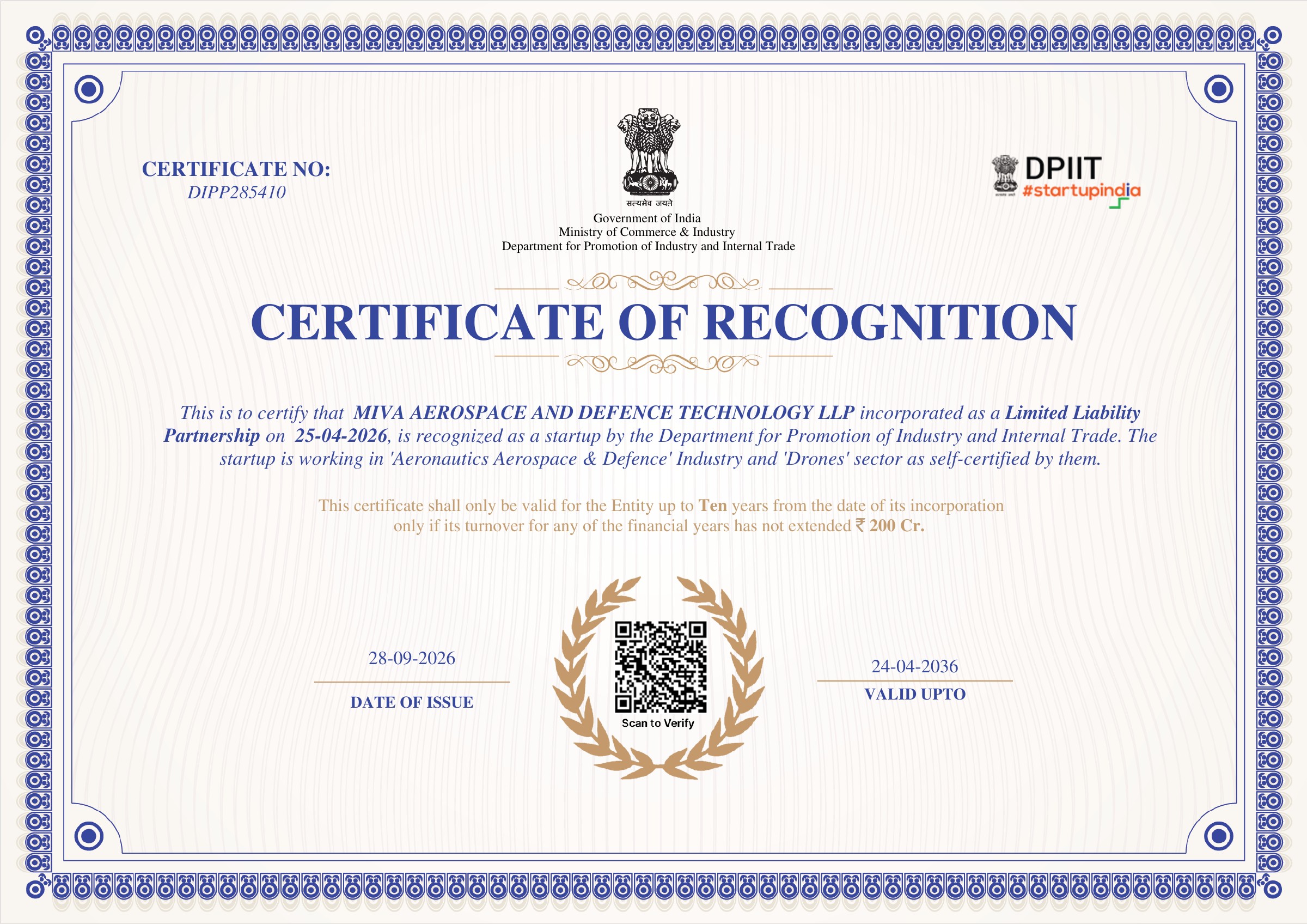 DPIIT Certificate of Recognition issued to MIVA Aerospace and Defence Technology LLP, Certificate No. DIPP285410